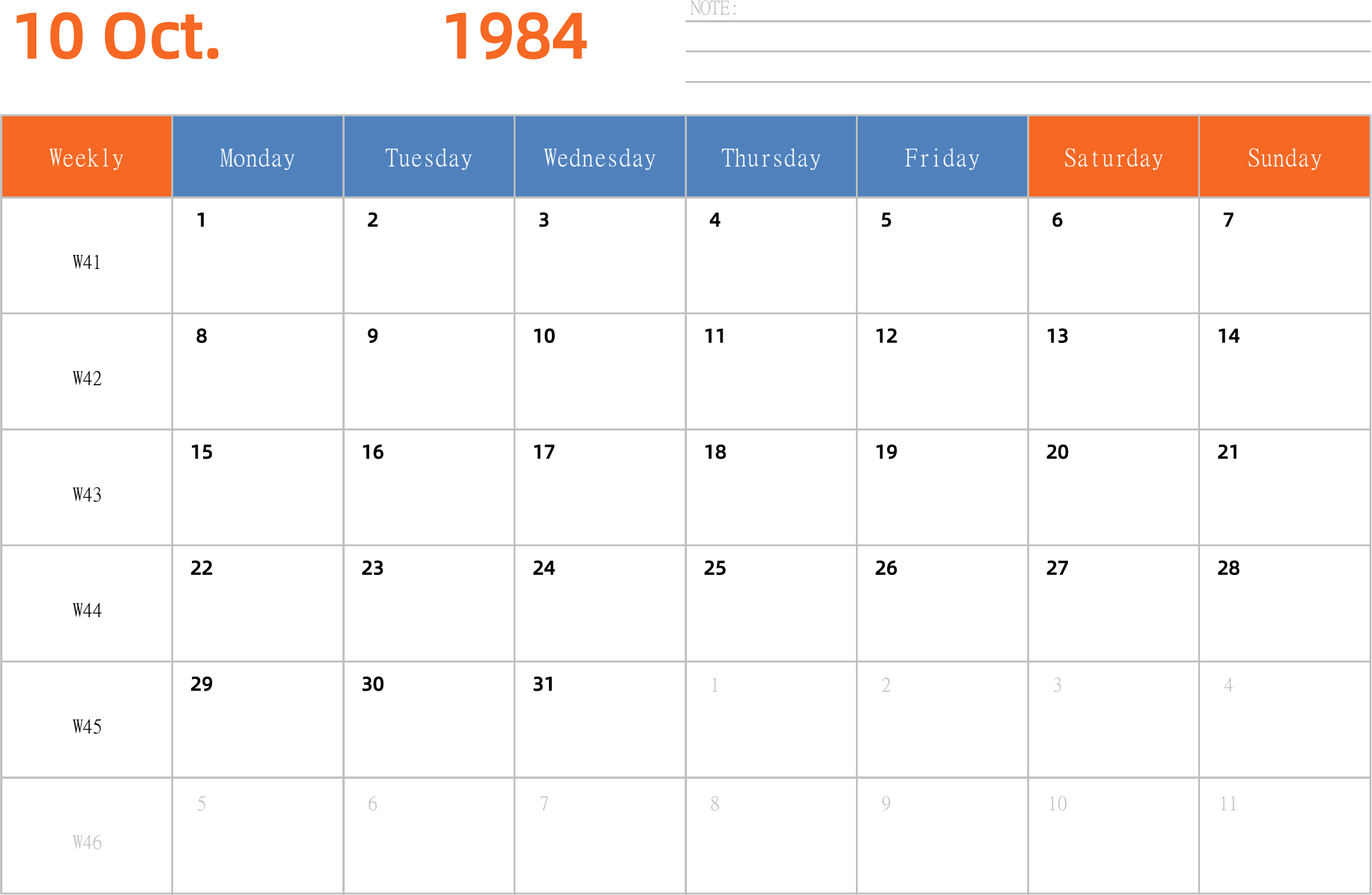 日历表1984年日历 英文版 横向排版 周一开始 带周数